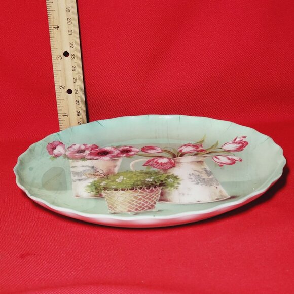 Vintage Melamine Plastic Green Dessert Plates Pink Tulips 8" Set of 2 - Picture 10 of 10